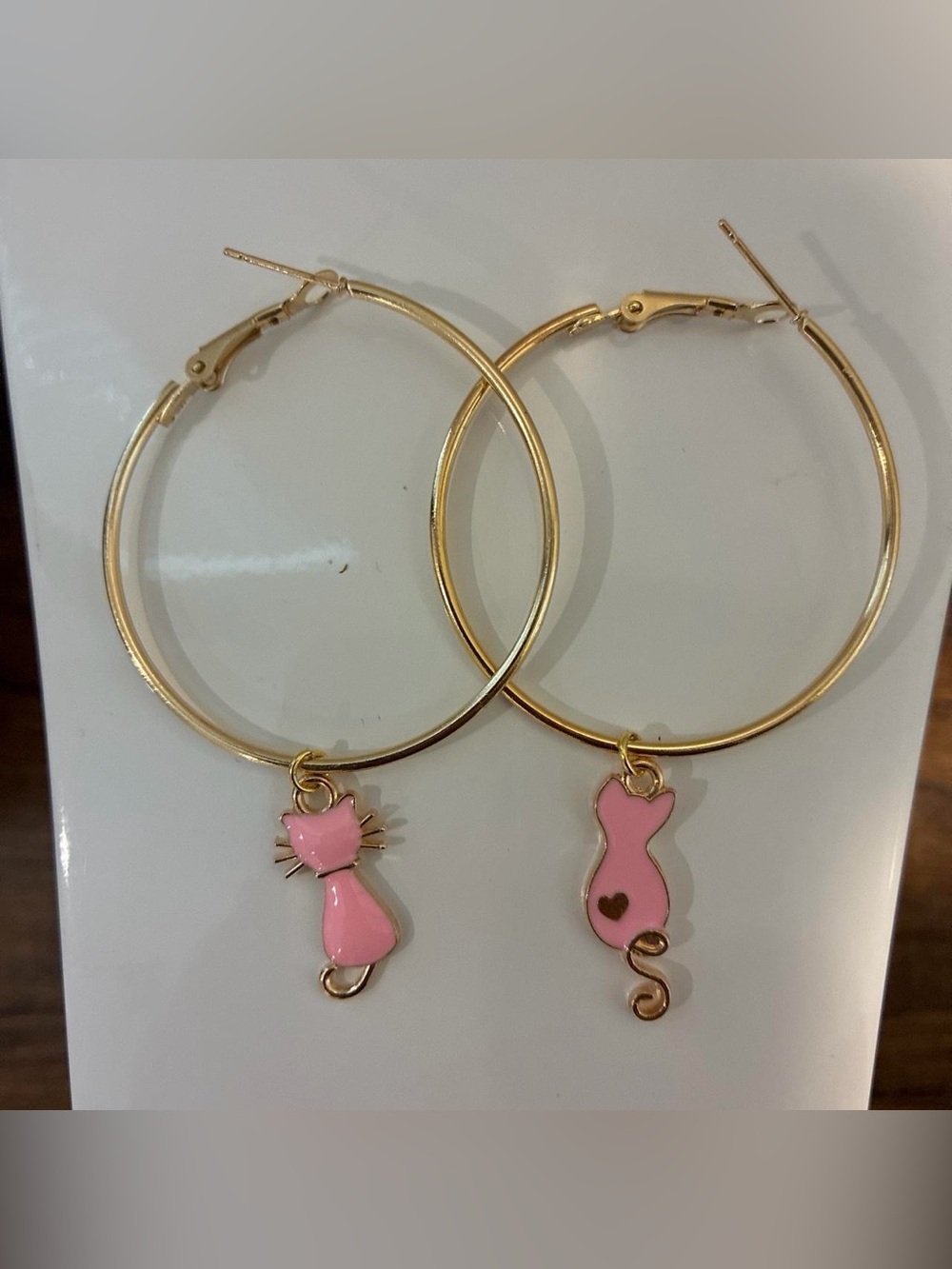 Gold Hoop Earrings with Pink Cat Charms by